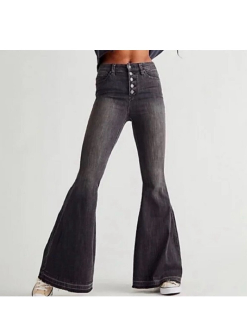 We The Free Slate Black Embellished Hem Bell Bottom Wide Flare Jeans Women